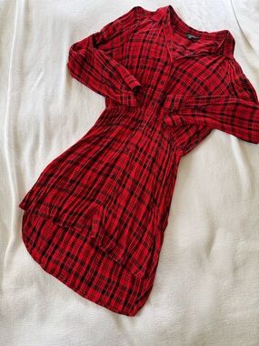 Express Red and Black Plaid Long Sleeve Dress